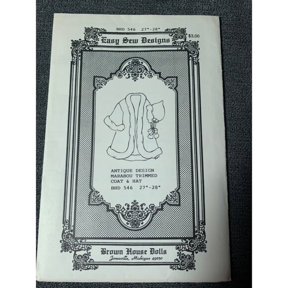 Antique-Style Marabou Trimmed Coat & Hat 27"-28" Doll Pattern Brown House Dolls - Picture 3 of 3